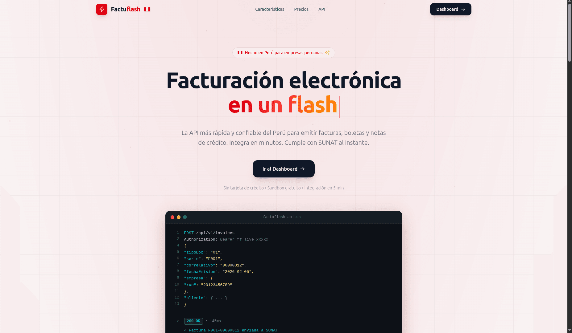 Factuflash: API para emitir facturas, boletas y notas de crédito, validadas por SUNAT al instante.